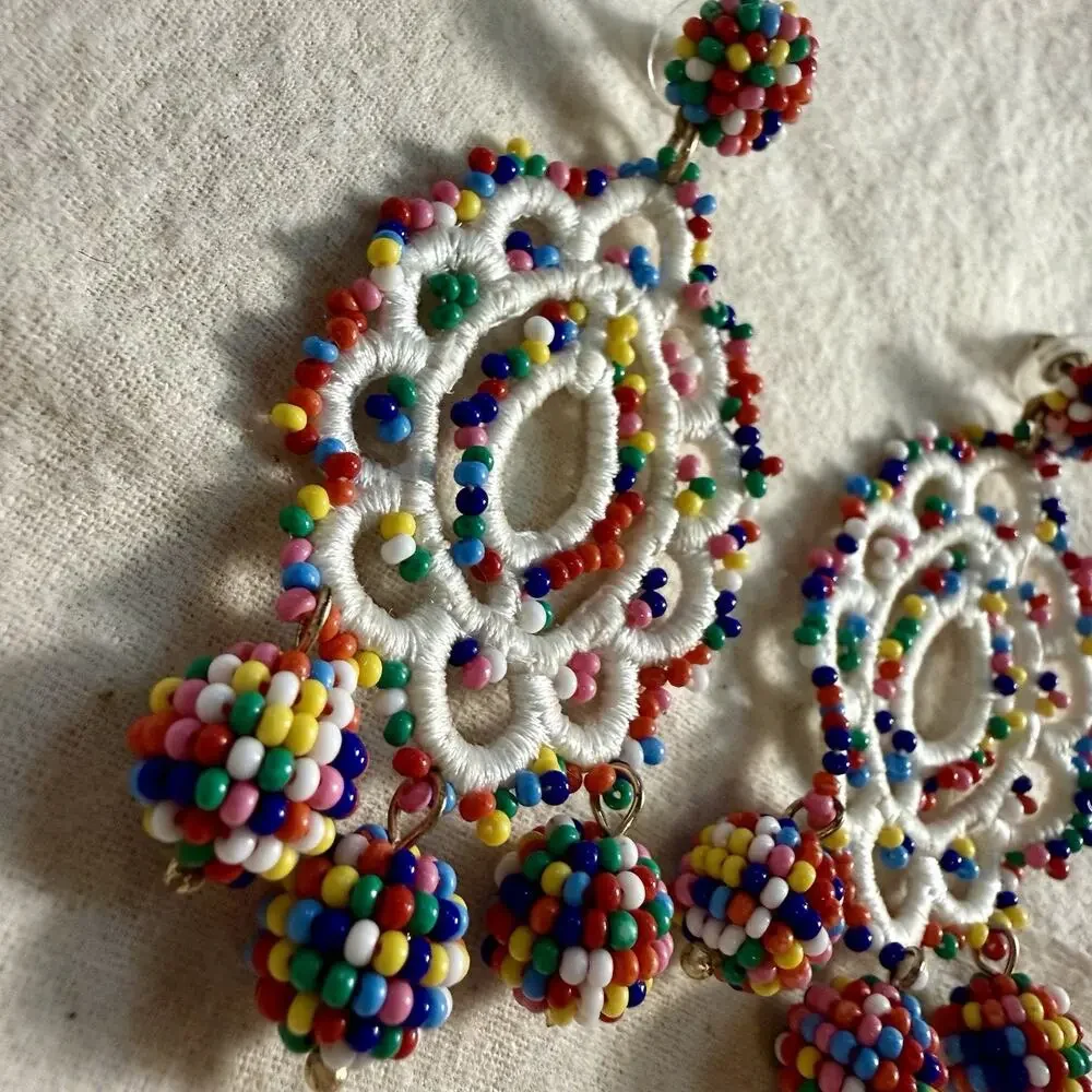 J.Crew Multicolored Glass Seed Bead Crochet Medallion Statement Dangle Earrings
